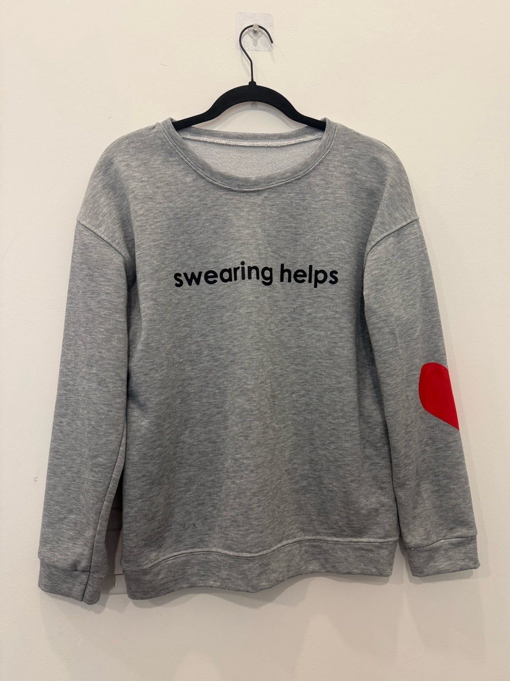 Gray “Swearing Helps” Sweatshirt with Red Heart Elbow Detail sz S/M